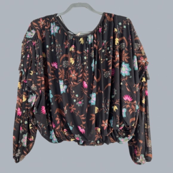 Free People Black Floral Wildflower Honey Mesh Ruffle Peasant Blouse M - Picture 4 of 5